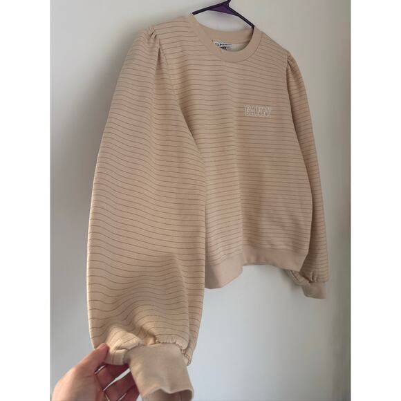 GANNI Organic Cotton Puff Sleeve Metallic Stripe Sweatshirt - Cream/Gold, XL - Picture 7 of 10